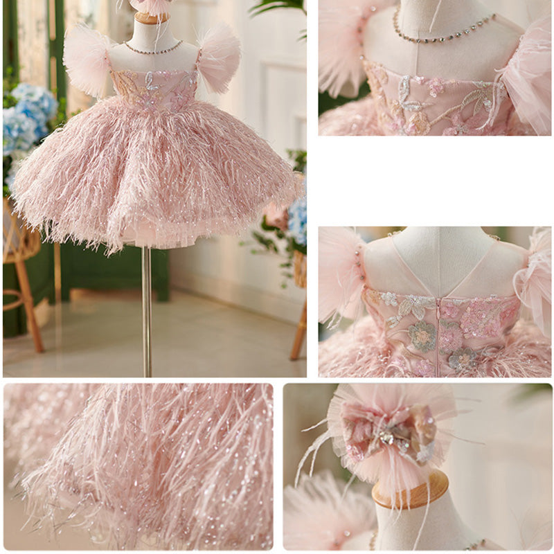 Floryme Puffy Sleeves Tulle Knee-length Toddler Birthday Dress