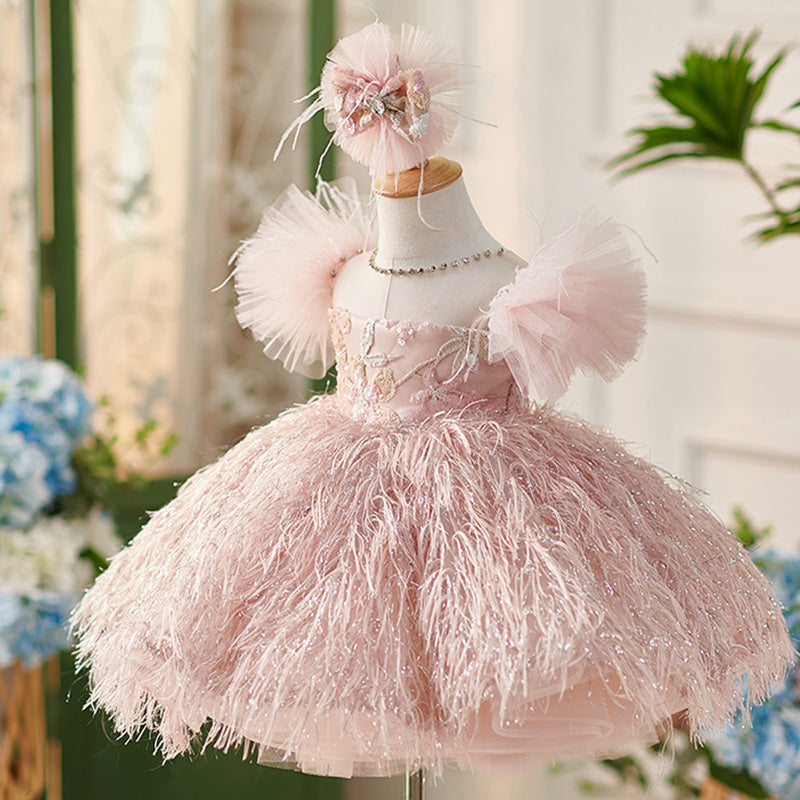 Floryme Puffy Sleeves Tulle Knee-length Toddler Birthday Dress