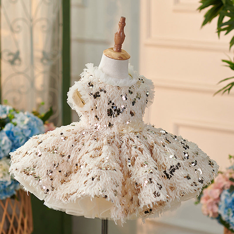 Floryme Princess Sequins Feather Knee-length Baby Girl Birthday Dress