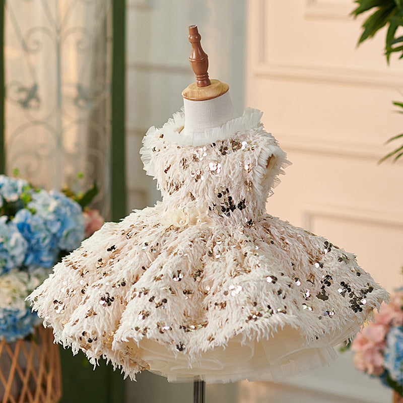 Floryme Princess Sequins Feather Knee-length Baby Girl Birthday Dress