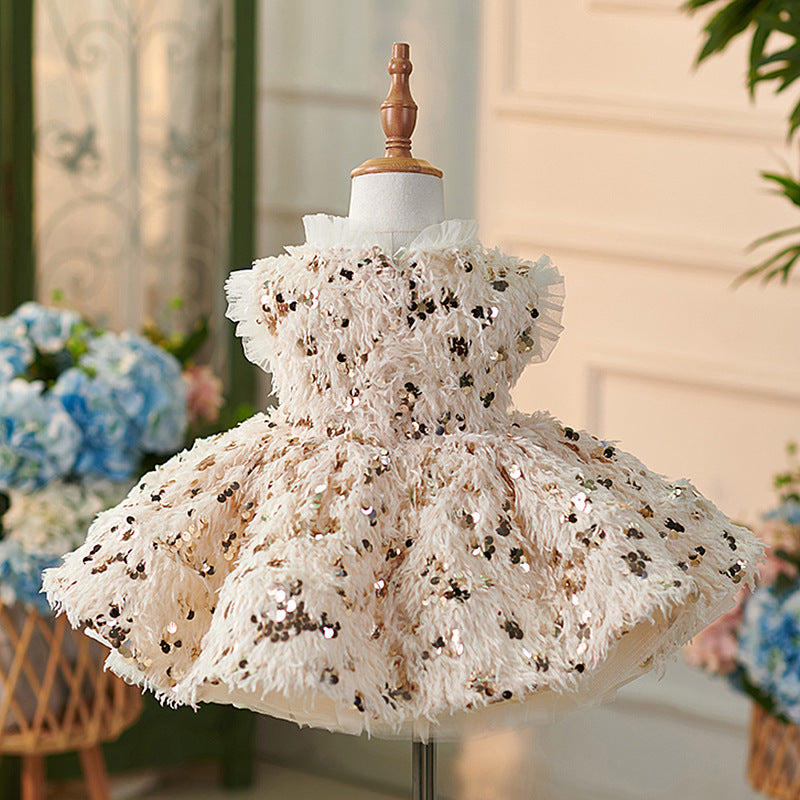 Floryme Princess Sequins Feather Knee-length Baby Girl Birthday Dress