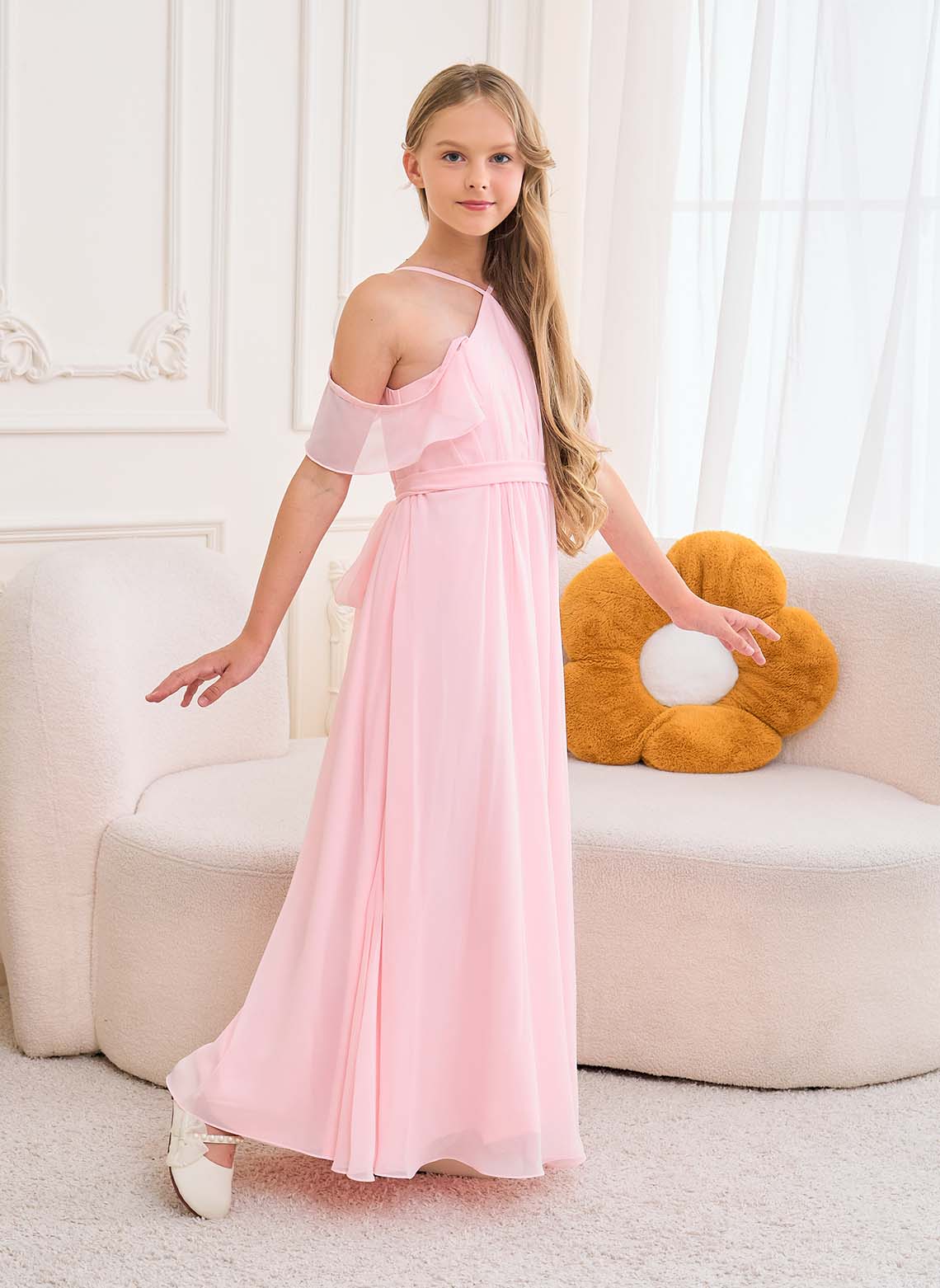 Floryme A-line Halter Floor-Length Chiffon Junior Bridesmaid Dress