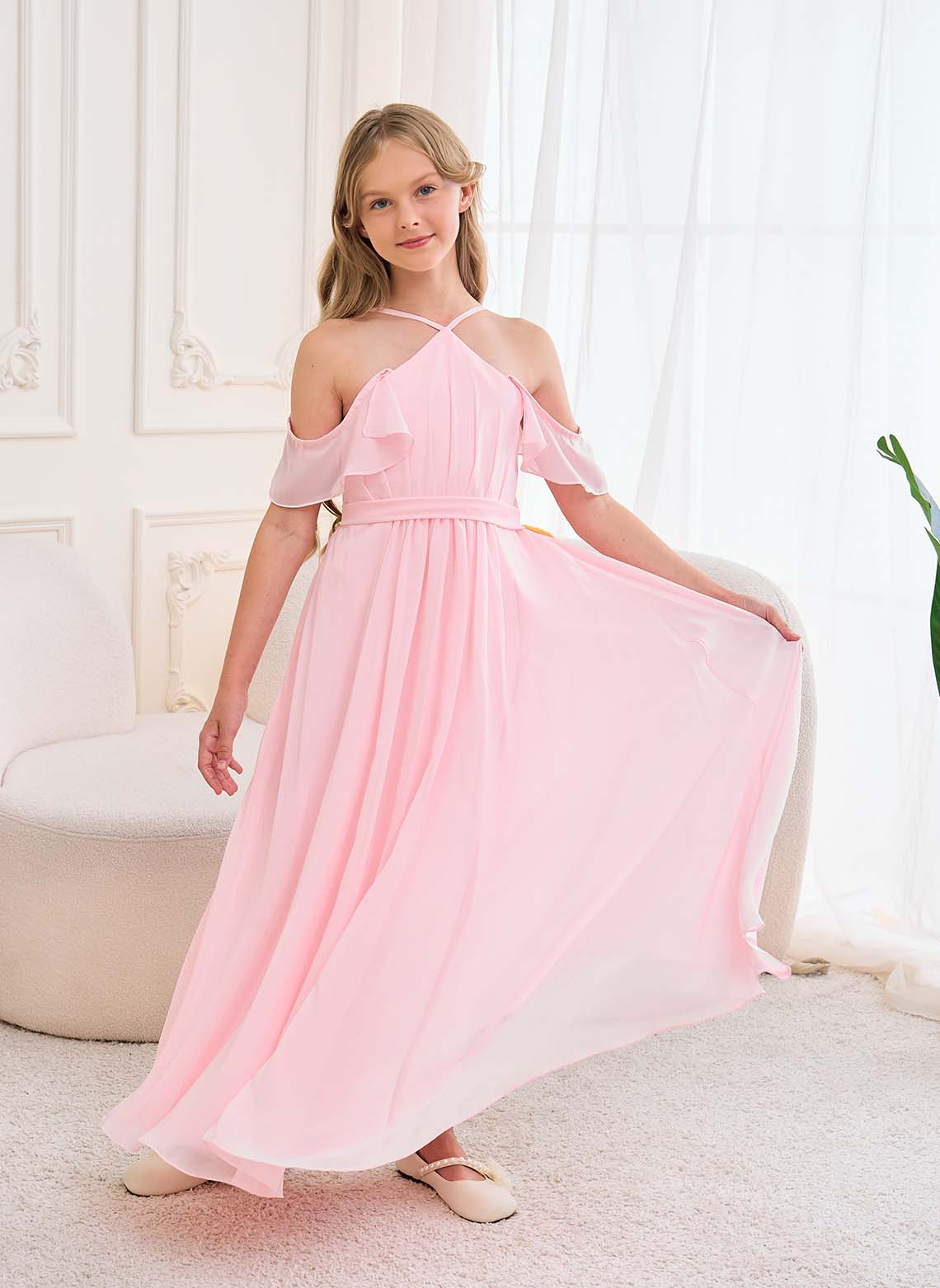 Floryme A-line Halter Floor-Length Chiffon Junior Bridesmaid Dress