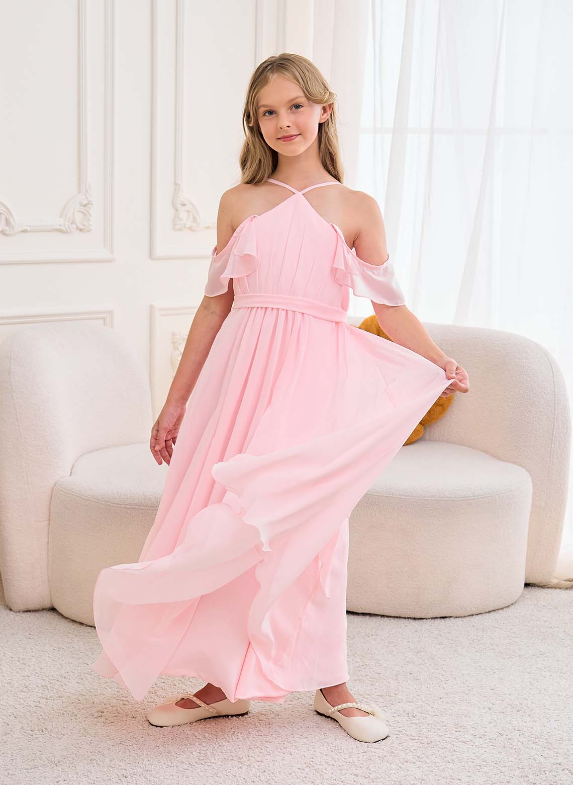 Floryme A-line Halter Floor-Length Chiffon Junior Bridesmaid Dress