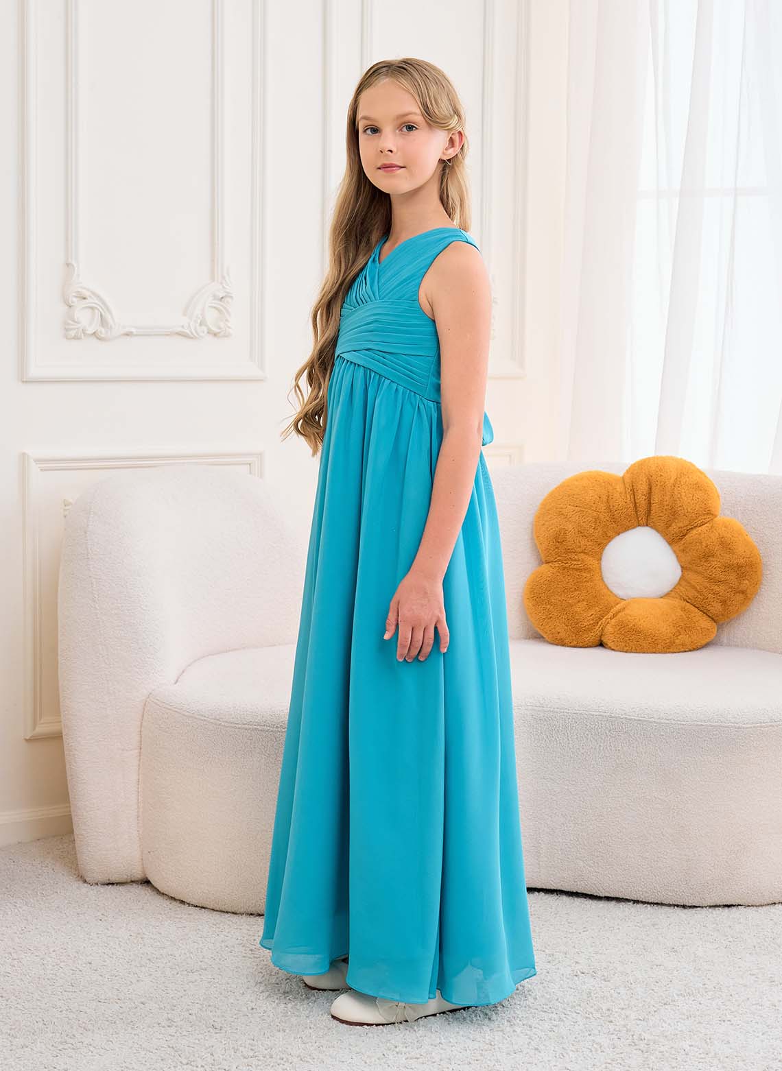 Floryme A-line V-neck Floor-Length Chiffon Junior Bridesmaid Dress