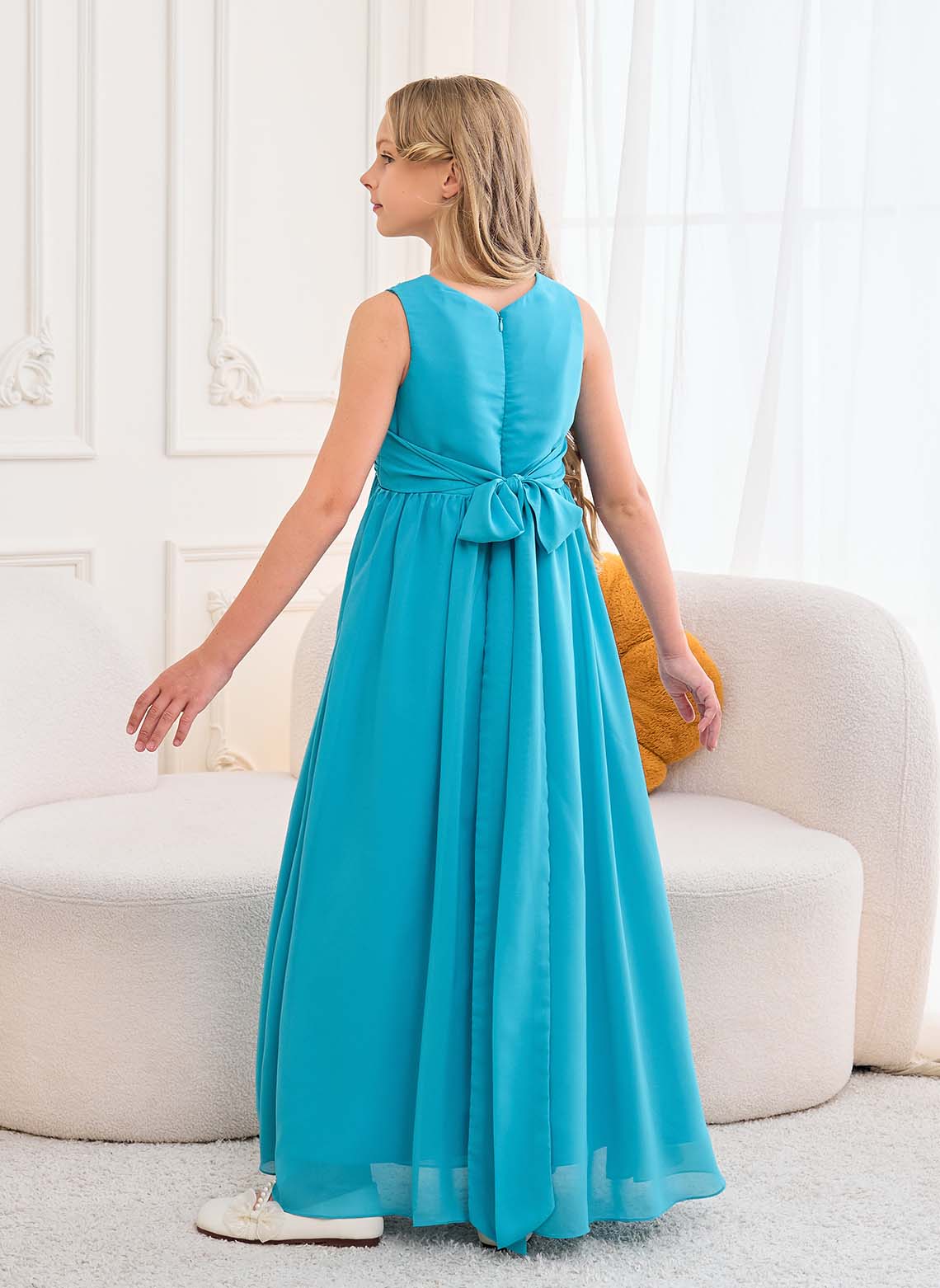 Floryme A-line V-neck Floor-Length Chiffon Junior Bridesmaid Dress