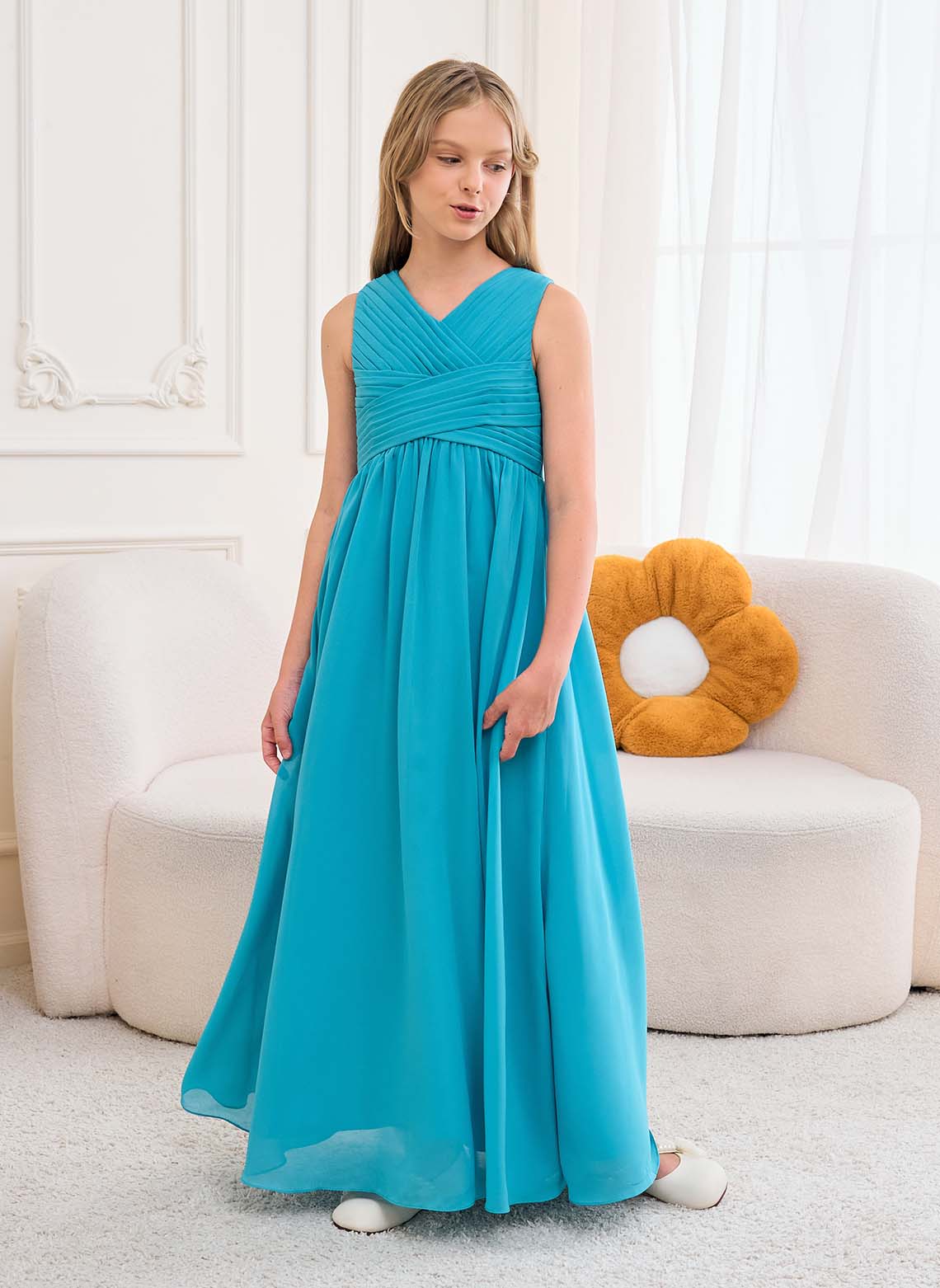 Floryme A-line V-neck Floor-Length Chiffon Junior Bridesmaid Dress