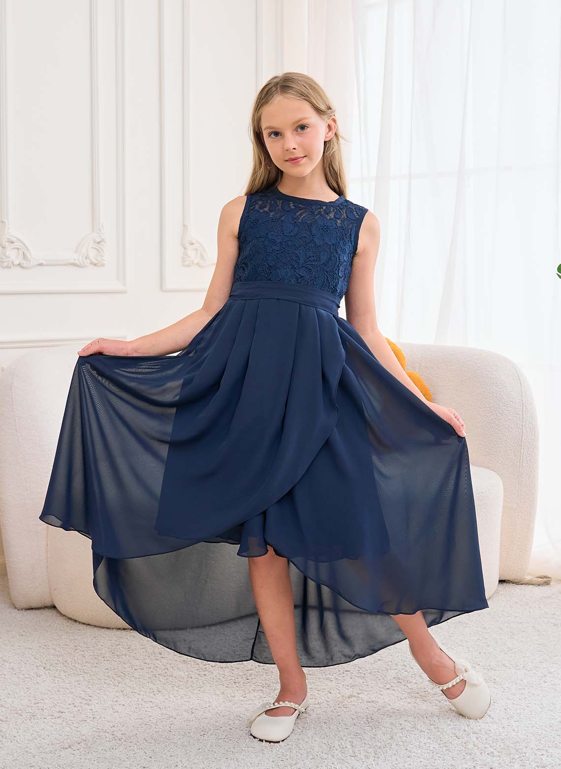 Floryme A-line Lace/Chiffon Asymmetrical Junior Bridesmaid Dress