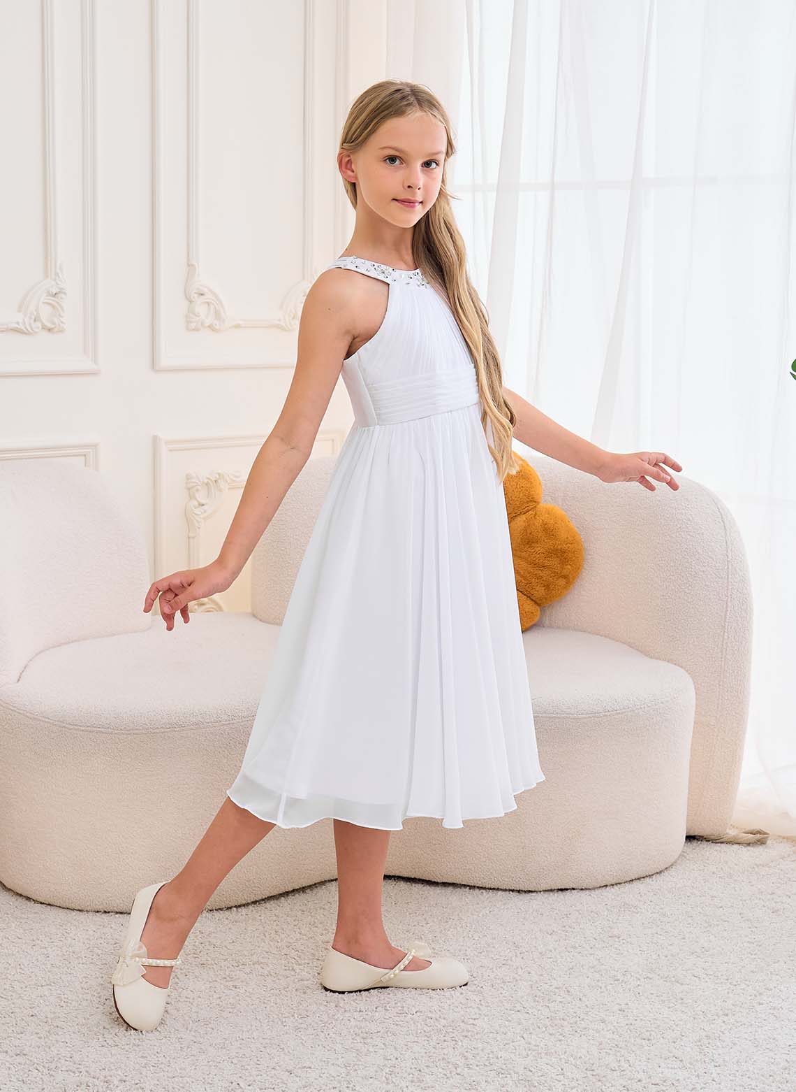 Floryme A-line Halter Chiffon Tea-Length Junior Bridesmaid Dress