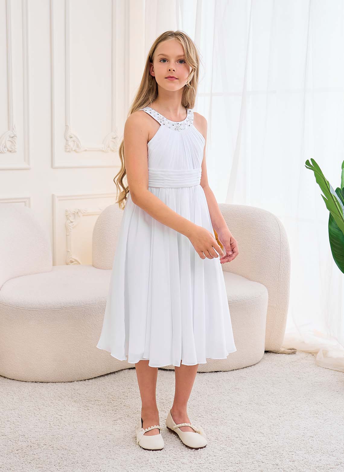 Floryme A-line Halter Chiffon Tea-Length Junior Bridesmaid Dress