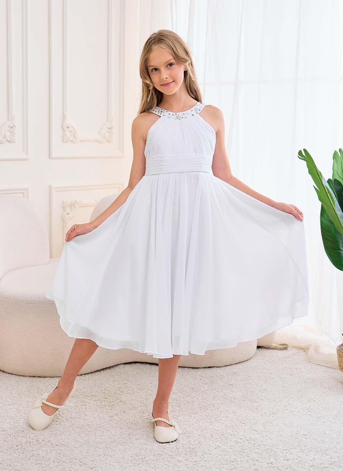 Floryme A-line Halter Chiffon Tea-Length Junior Bridesmaid Dress