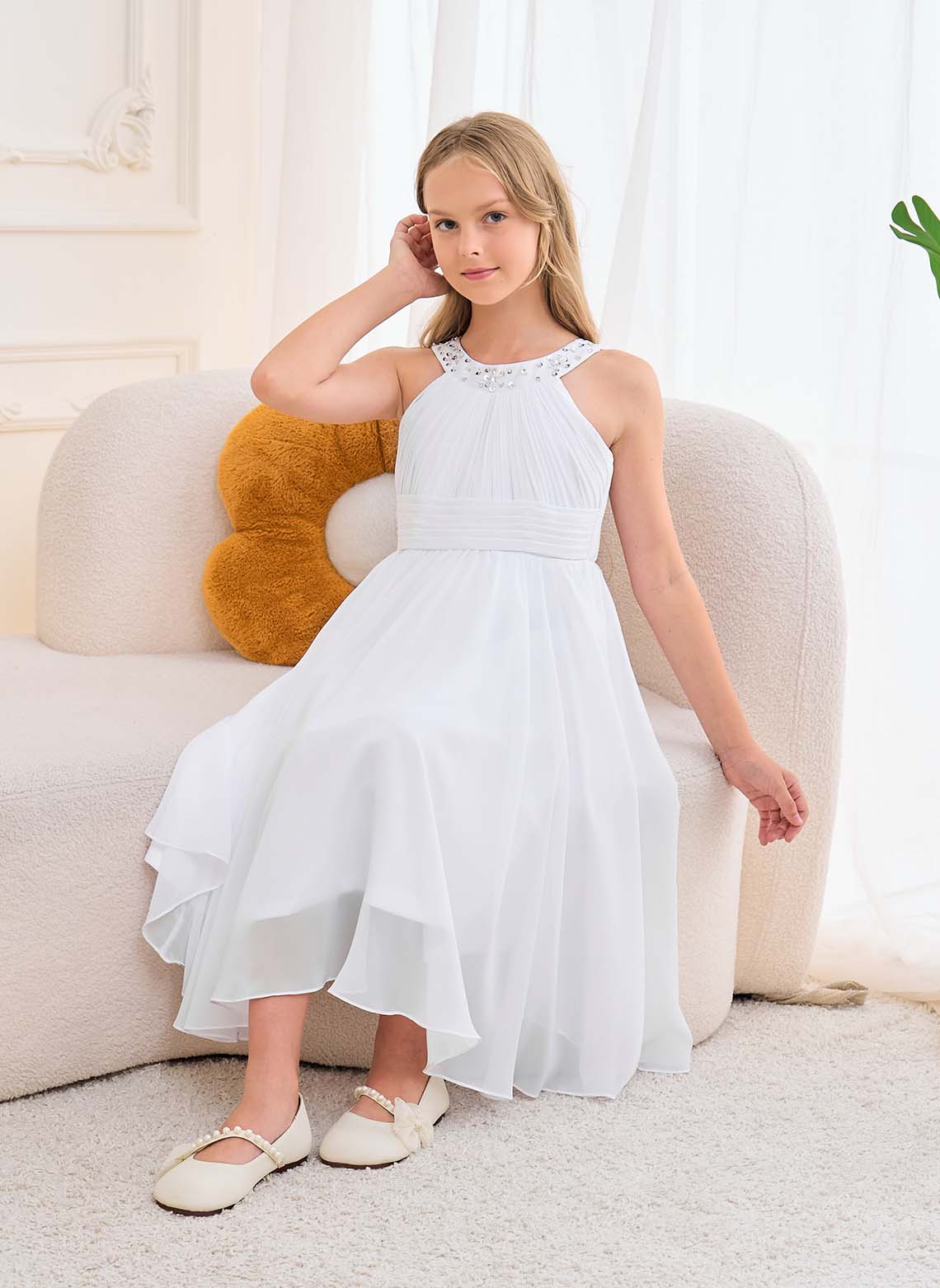 Floryme A-line Halter Chiffon Tea-Length Junior Bridesmaid Dress
