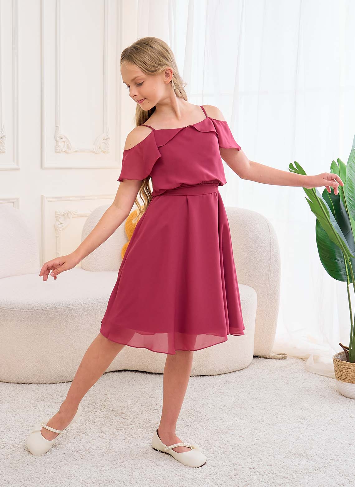 Floryme A-line Cold Shoulder Knee-Length Chiffon Junior Bridesmaid Dress