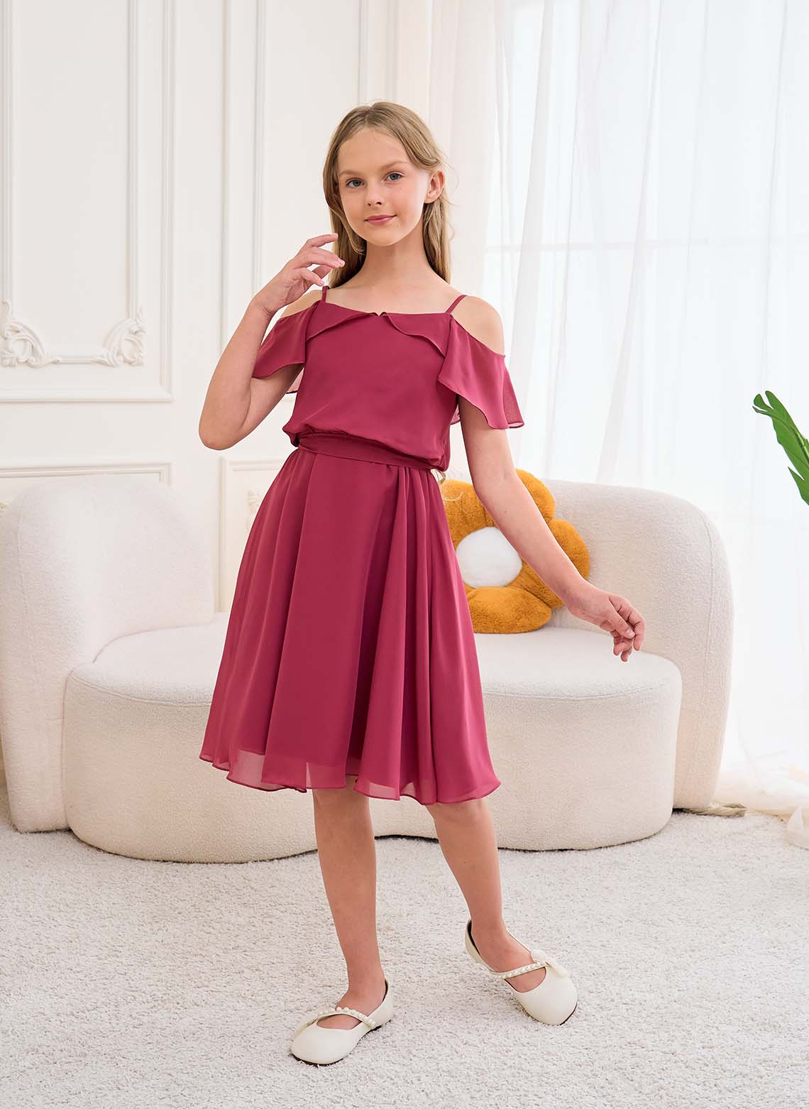 Floryme A-line Cold Shoulder Knee-Length Chiffon Junior Bridesmaid Dress