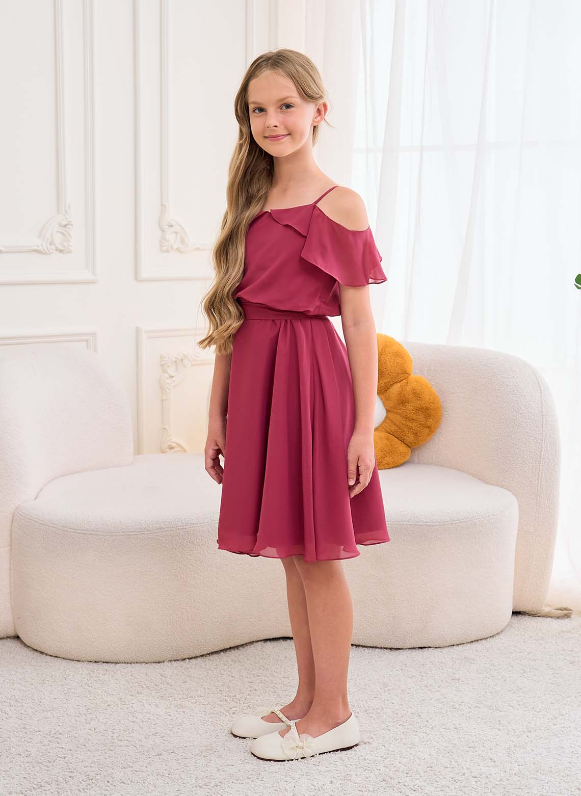 Floryme A-line Cold Shoulder Knee-Length Chiffon Junior Bridesmaid Dress
