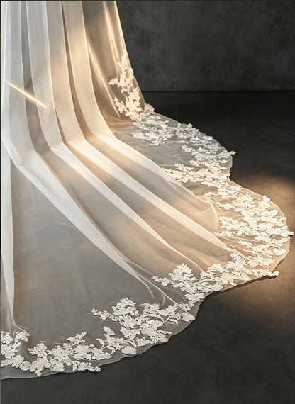 Floryme Single Tier Bridal Cathedral Length 118" Lace Cut Edge Wedding Veil