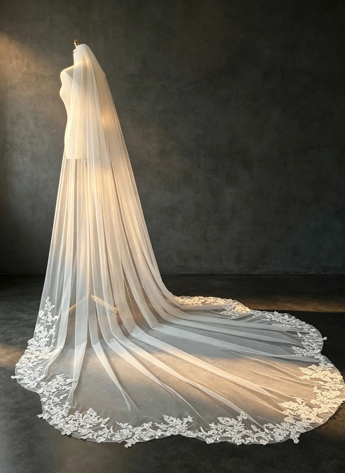 Floryme Single Tier Bridal Cathedral Length 118" Lace Cut Edge Wedding Veil