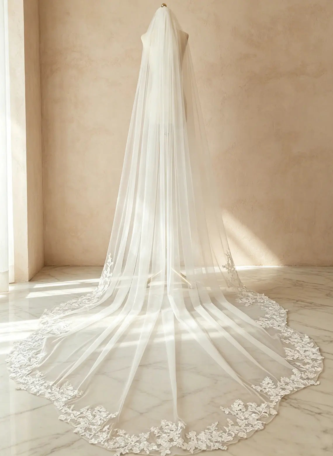 Floryme Single Tier Bridal Cathedral Length 118" Lace Cut Edge Wedding Veil