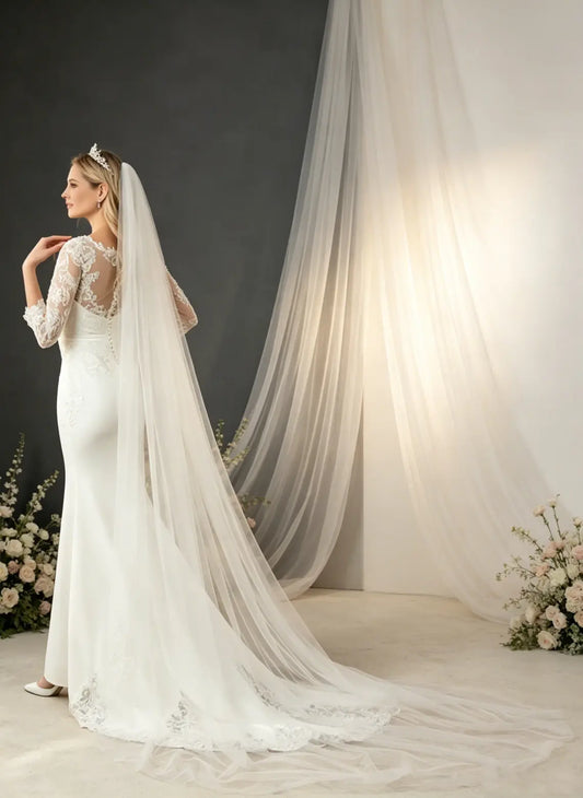 Floryme Single Tier Bridal Cathedral Length 118" Minimalist Cut Edge Wedding Veil