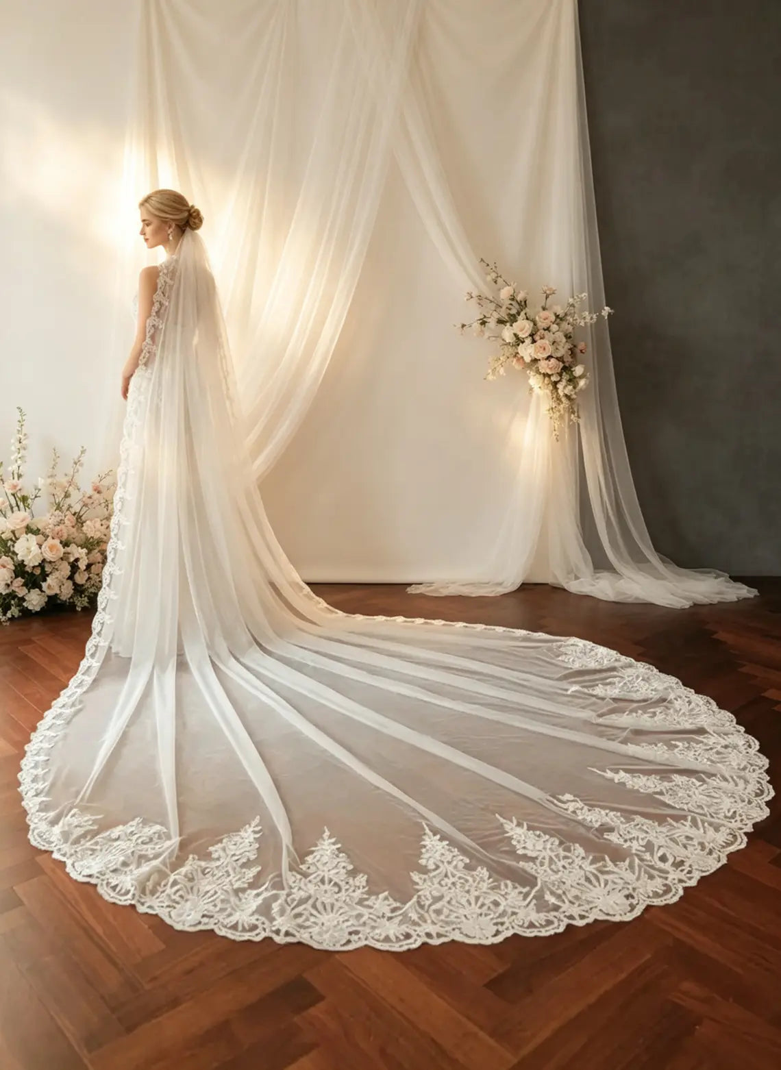 Floryme Single Tier Bridal Cathedral Length 138" Lace Edge Wedding Veil