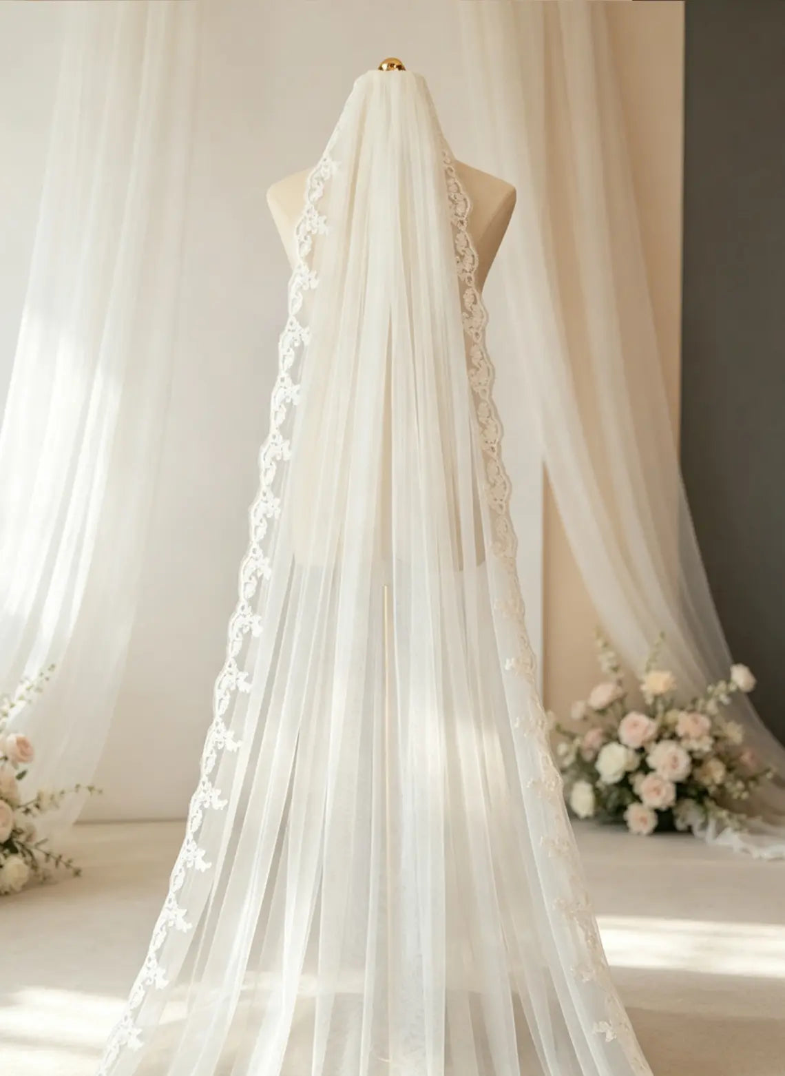 Floryme Single Tier Bridal Cathedral Length 138" Lace Edge Wedding Veil