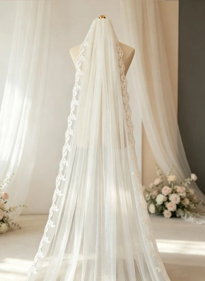 Floryme Single Tier Bridal Cathedral Length 138" Lace Edge Wedding Veil