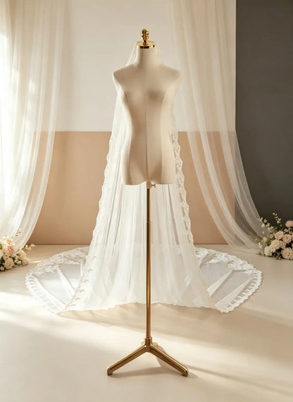 Floryme Single Tier Bridal Cathedral Length 138" Lace Edge Wedding Veil