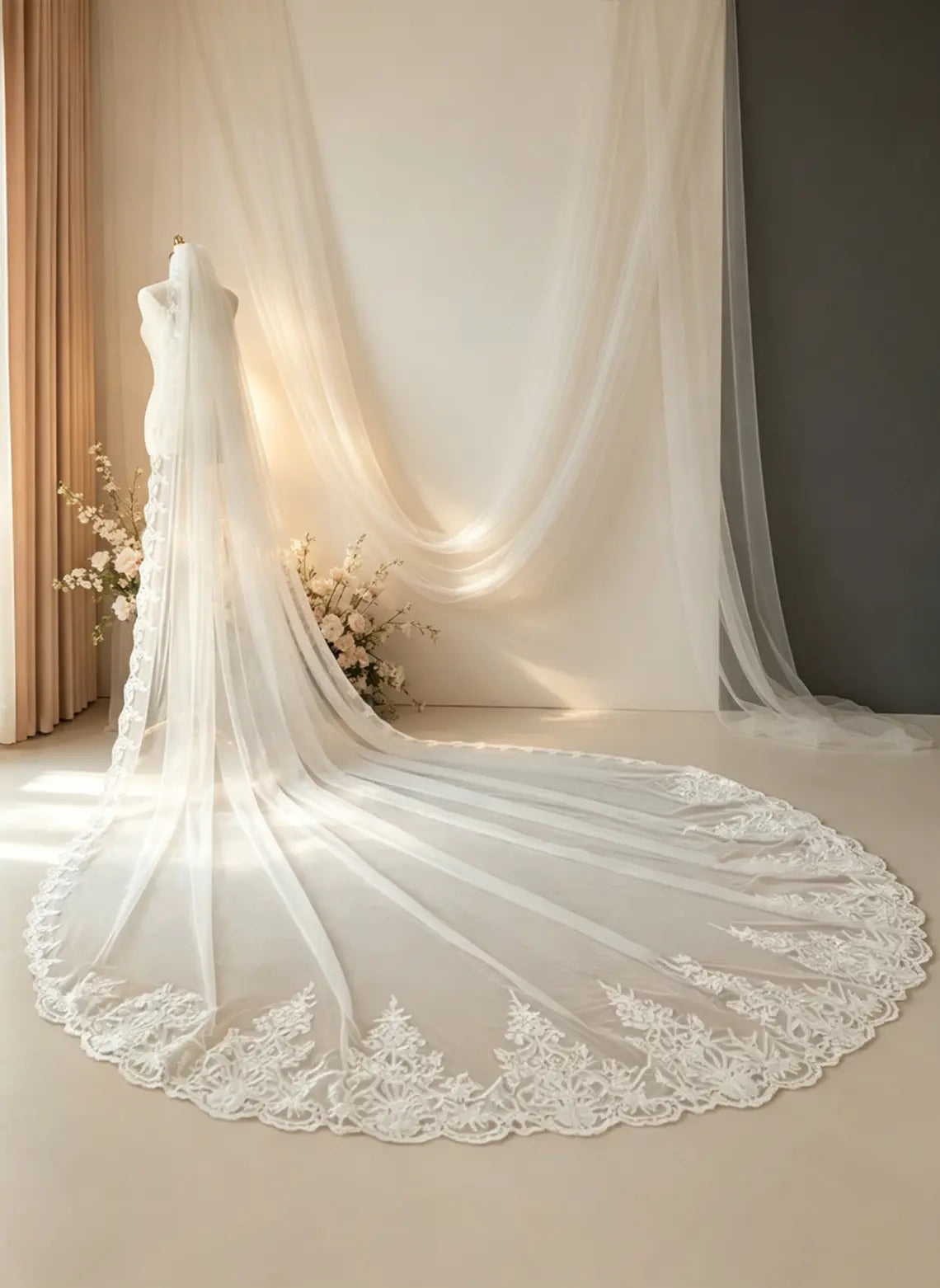 Floryme Single Tier Bridal Cathedral Length 138" Lace Edge Wedding Veil