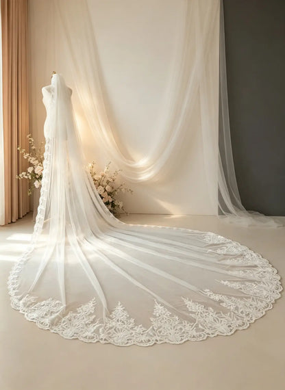 Floryme Single Tier Bridal Cathedral Length 138" Lace Edge Wedding Veil