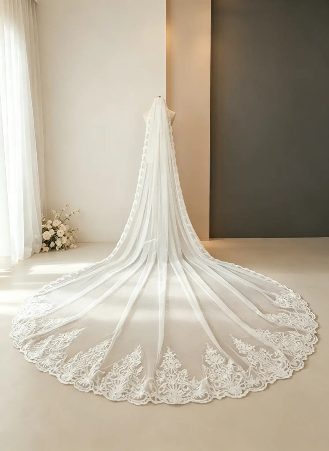 Floryme Single Tier Bridal Cathedral Length 138" Lace Edge Wedding Veil
