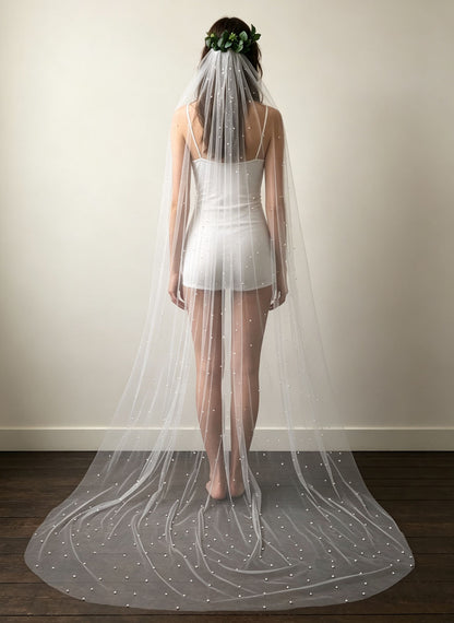 Floryme Single Tier Bridal Cathedral Length 118" Pearl Cut Edge Wedding Veil