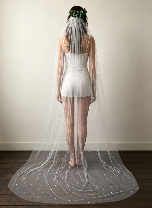 Floryme Single Tier Bridal Cathedral Length 118" Pearl Cut Edge Wedding Veil