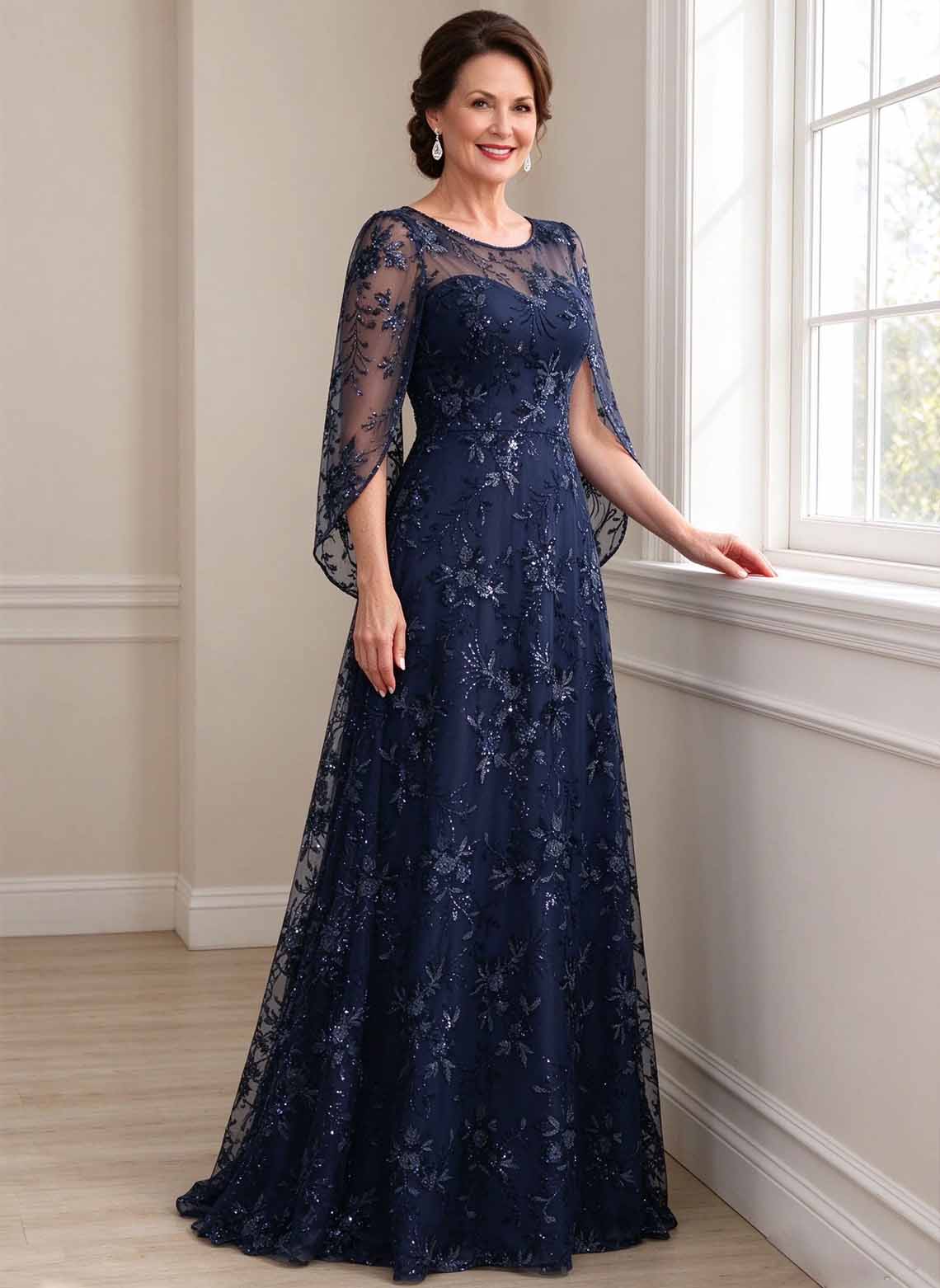 Floryme A-line Cape Lace Mother of the Bride Dress