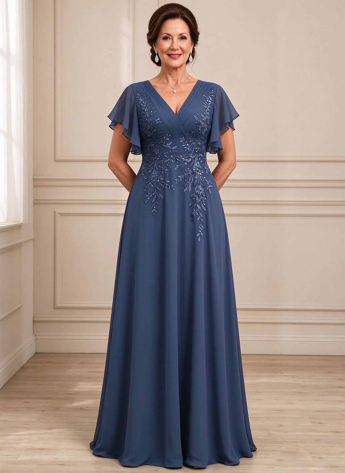 Floryme Navy Blue A-line Chiffon Mother of the Bride Dress