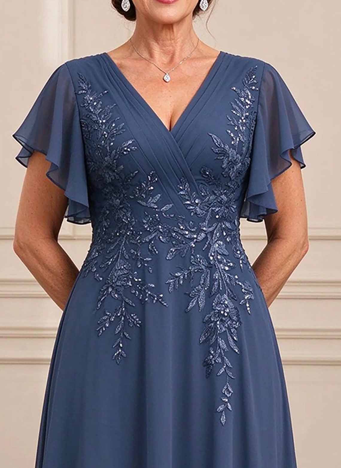 Floryme Navy Blue A-line Chiffon Mother of the Bride Dress