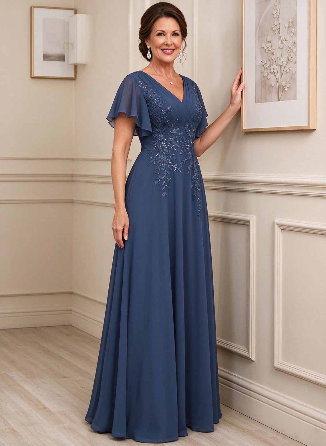 Floryme Navy Blue A-line Chiffon Mother of the Bride Dress