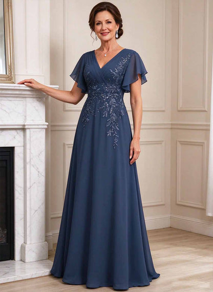 Floryme Navy Blue A-line Chiffon Mother of the Bride Dress