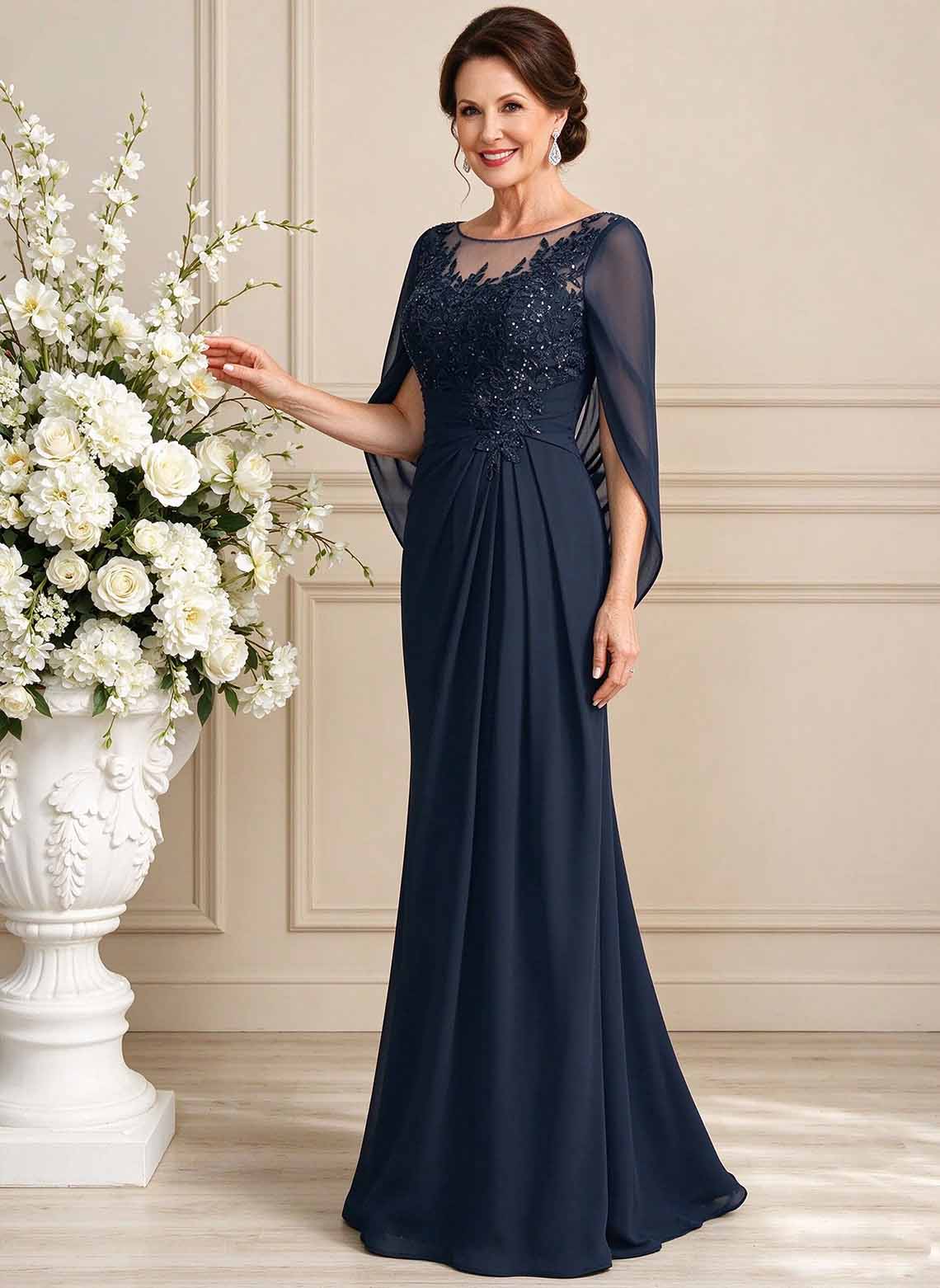 Floryme Dark Navy A-line Sequins Lace Mother of the Bride Dress