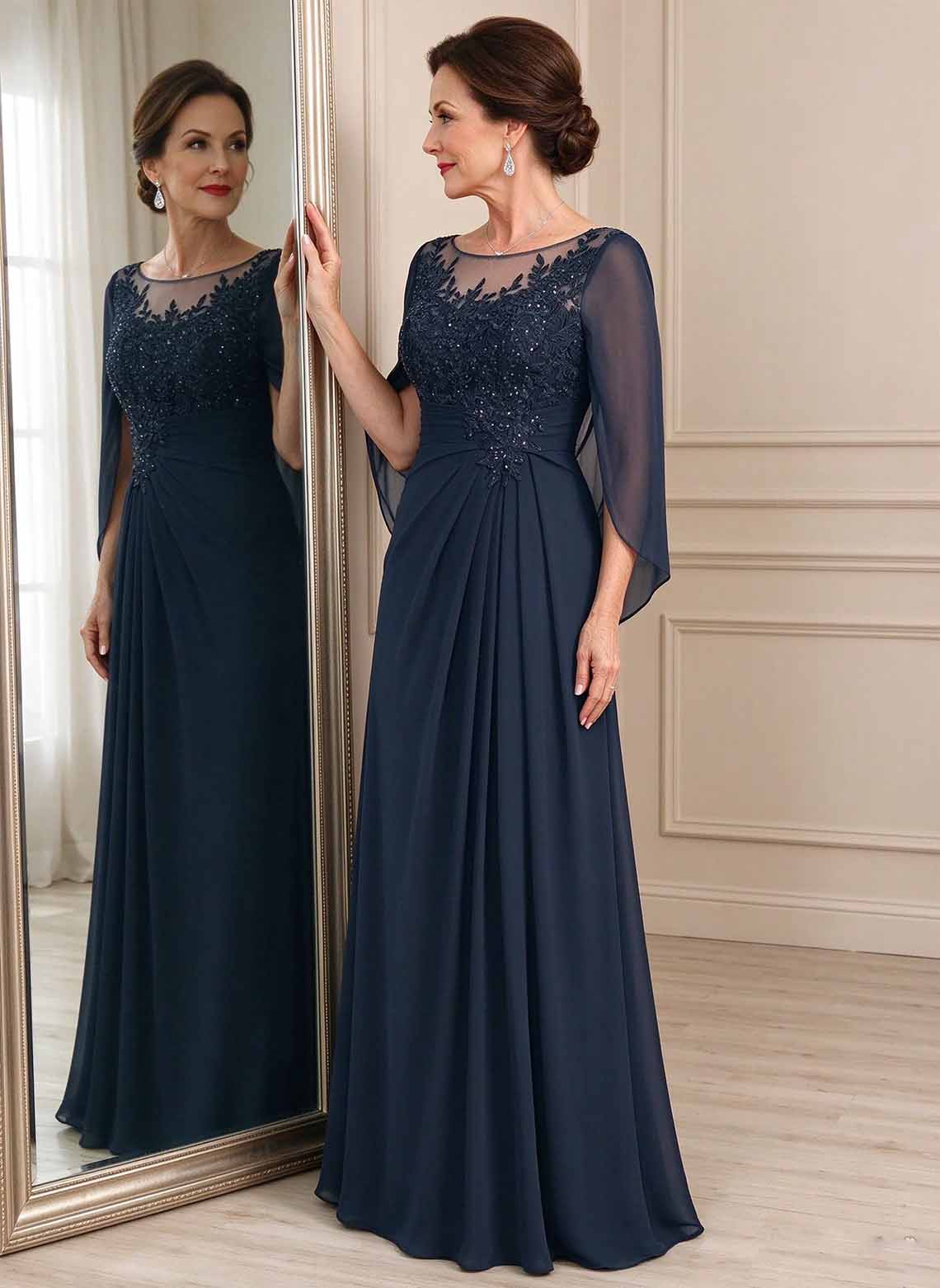 Floryme Dark Navy A-line Sequins Lace Mother of the Bride Dress