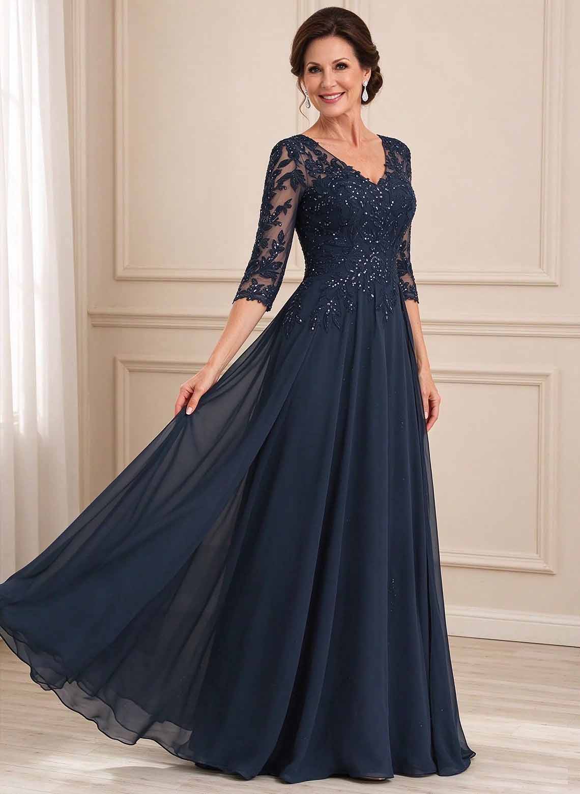 Floryme Dark Navy A-line V-Neck Sequins Lace Mother of the Bride Dress