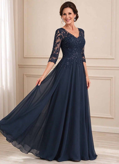 Floryme Dark Navy A-line V-Neck Sequins Lace Mother of the Bride Dress