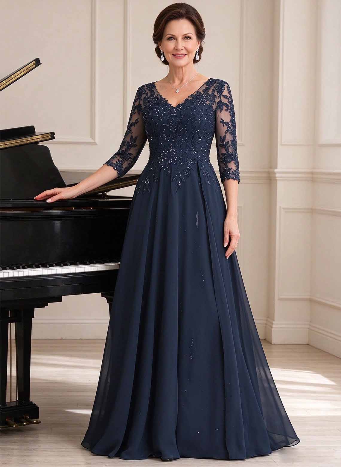 Floryme Dark Navy A-line V-Neck Sequins Lace Mother of the Bride Dress