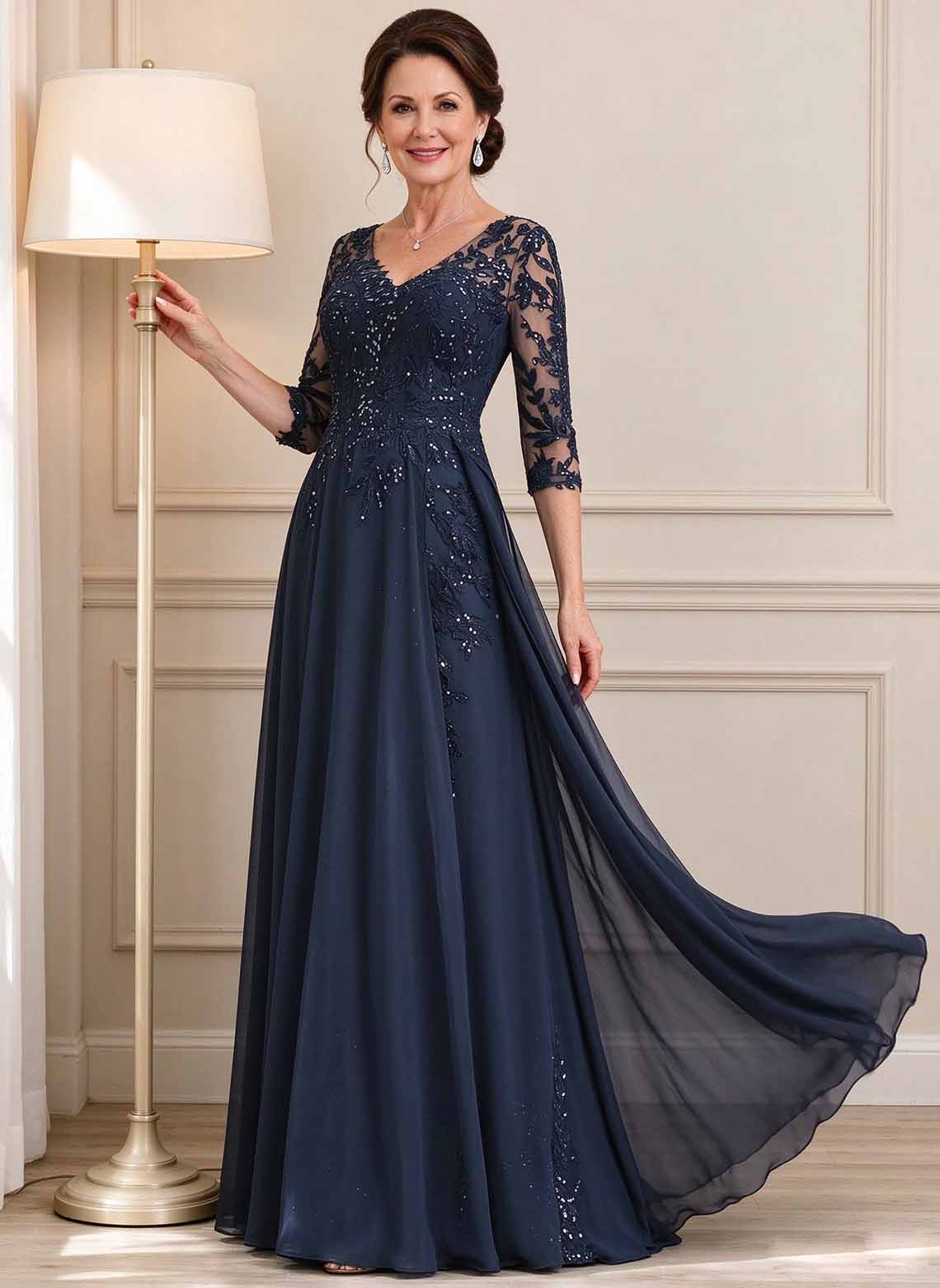 Floryme Dark Navy A-line V-Neck Sequins Lace Mother of the Bride Dress