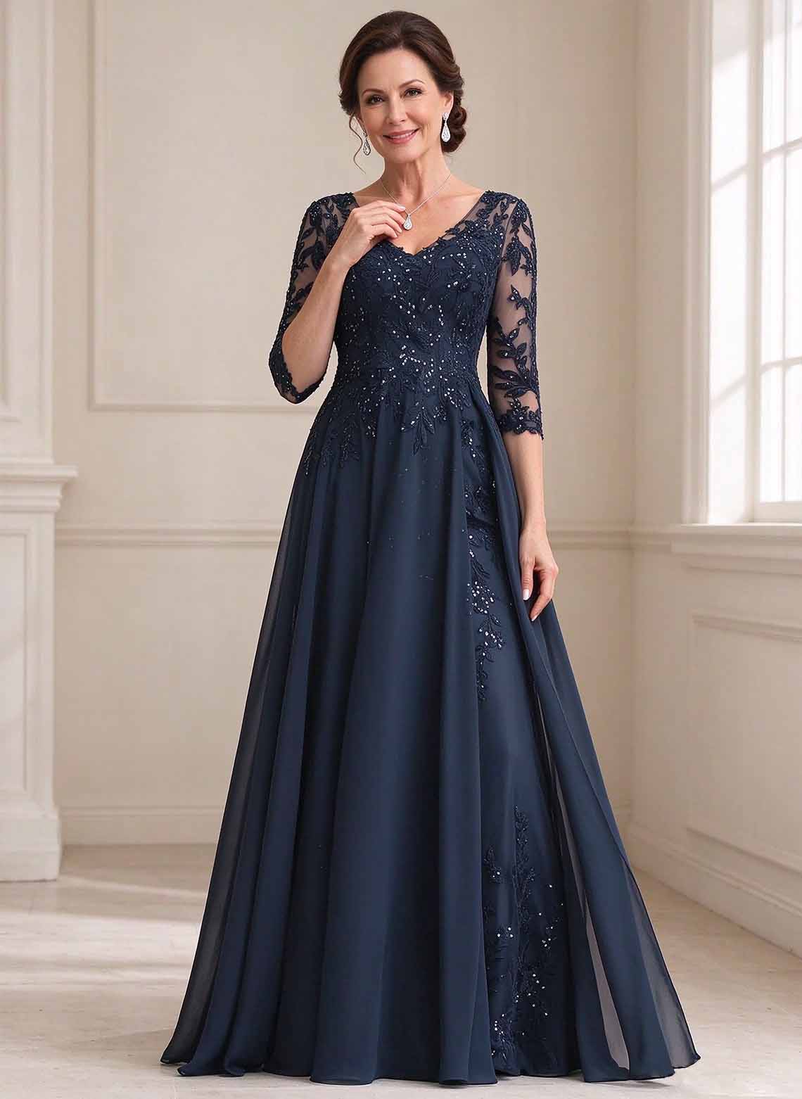 Floryme Dark Navy A-line V-Neck Sequins Lace Mother of the Bride Dress