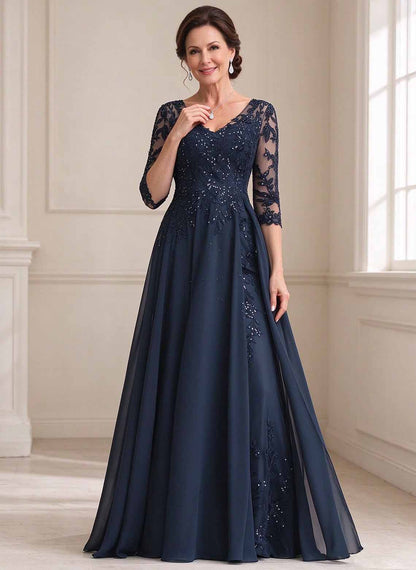 Floryme Dark Navy A-line V-Neck Sequins Lace Mother of the Bride Dress