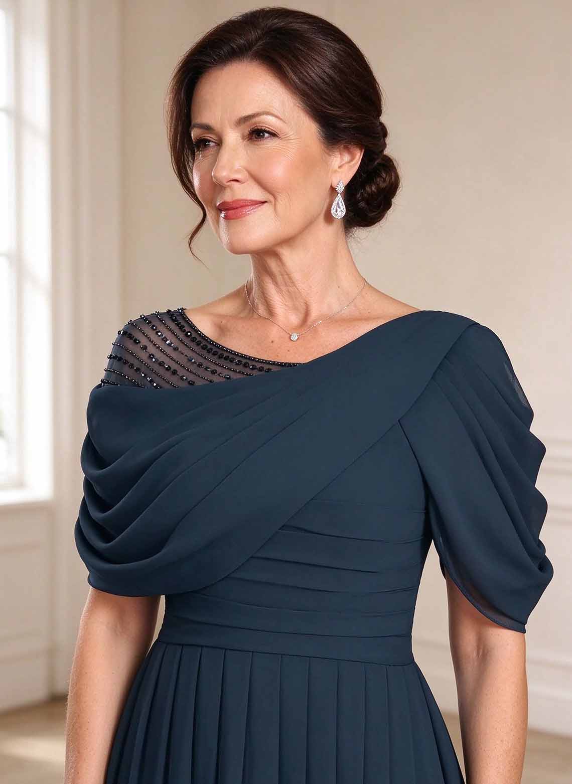 Floryme Dark Navy A-line Ruched Chiffon Mother of the Bride Dress