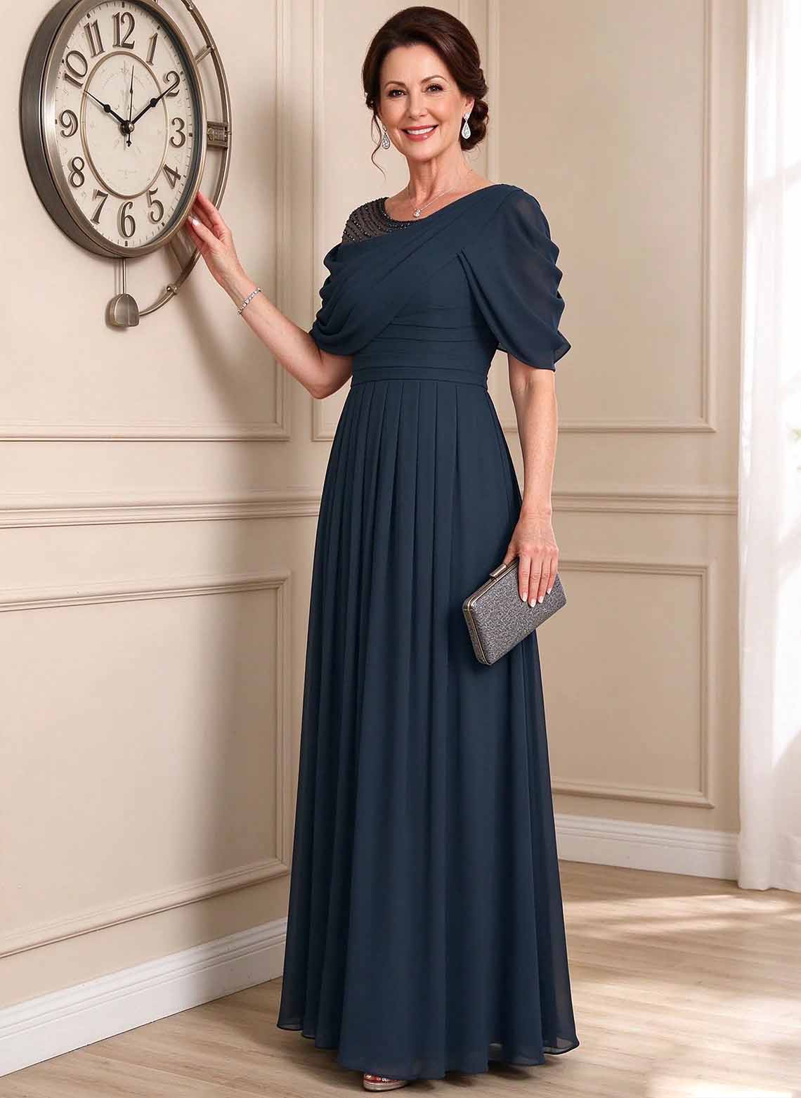 Floryme Dark Navy A-line Ruched Chiffon Mother of the Bride Dress