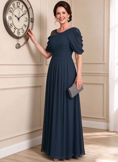 Floryme Dark Navy A-line Ruched Chiffon Mother of the Bride Dress