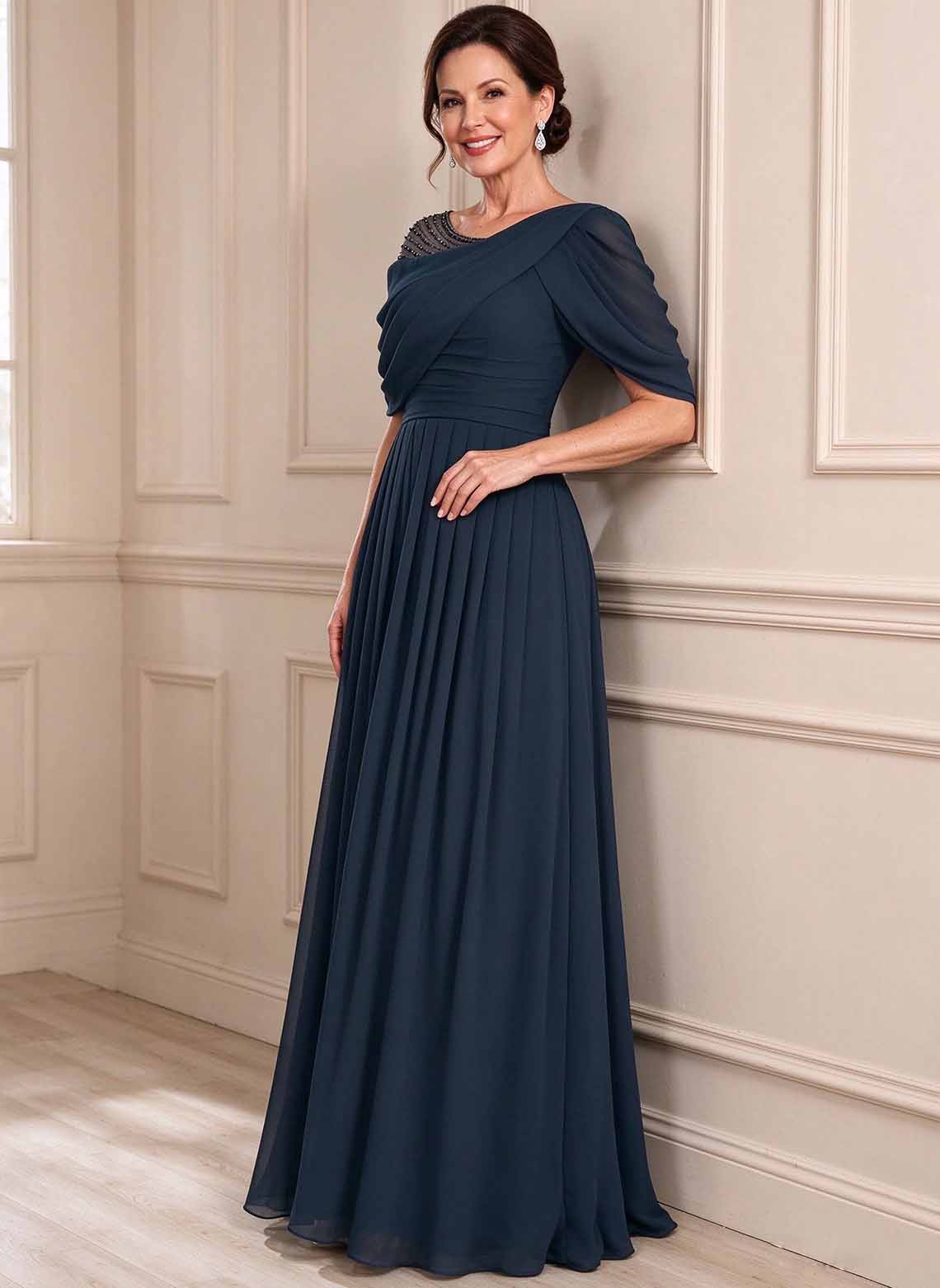 Floryme Dark Navy A-line Ruched Chiffon Mother of the Bride Dress