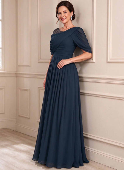 Floryme Dark Navy A-line Ruched Chiffon Mother of the Bride Dress